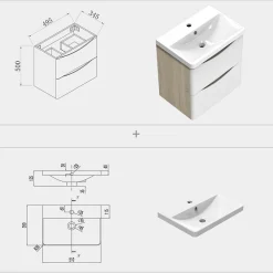 AICA Sanitaire Meuble de salle de bain avec vasque 50 cm, meuble blanc et bois avec 2 tiroirs, meuble démonté