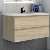 AICA Sanitaire Meuble de salle de bain avec lavabo, 100 cm, 2 tiroirs avec fermeture amortie, meuble suspendu chêne* Meuble Vasque