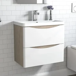 AICA Sanitaire Meuble de salle de bain avec vasque 60 cm, meuble blanc et bois avec 2 tiroirs, meuble démonté