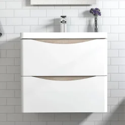 AICA Sanitaire Meuble de salle de bain avec vasque 60 cm, meuble blanc et bois avec 2 tiroirs, meuble démonté
