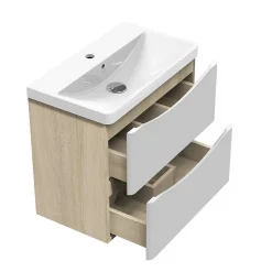 AICA Sanitaire Meuble de salle de bain avec vasque 60 cm, meuble blanc et bois avec 2 tiroirs, meuble démonté