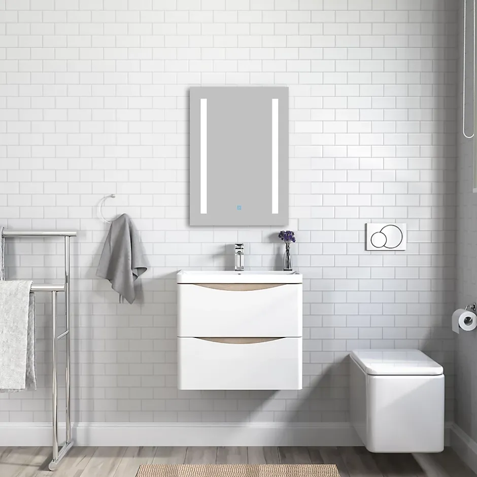 AICA Sanitaire Meuble de salle de bain avec vasque 60 cm, meuble blanc et bois avec 2 tiroirs, meuble démonté