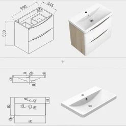 AICA Sanitaire Meuble de salle de bain avec vasque 60 cm, meuble blanc et bois avec 2 tiroirs, meuble démonté