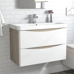 AICA Sanitaire Meuble de salle de bain avec vasque 80 cm, meuble blanc et bois avec 2 tiroirs, meuble démonté* Meuble Vasque