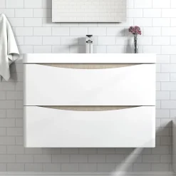AICA Sanitaire Meuble de salle de bain avec vasque 80 cm, meuble blanc et bois avec 2 tiroirs, meuble démonté* Meuble Vasque