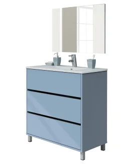 Pegane Meuble de salle de bain avec 3 portes coloris bleu azul - Hauteur 88 x Longueur 81 x Profondeur 47 cm