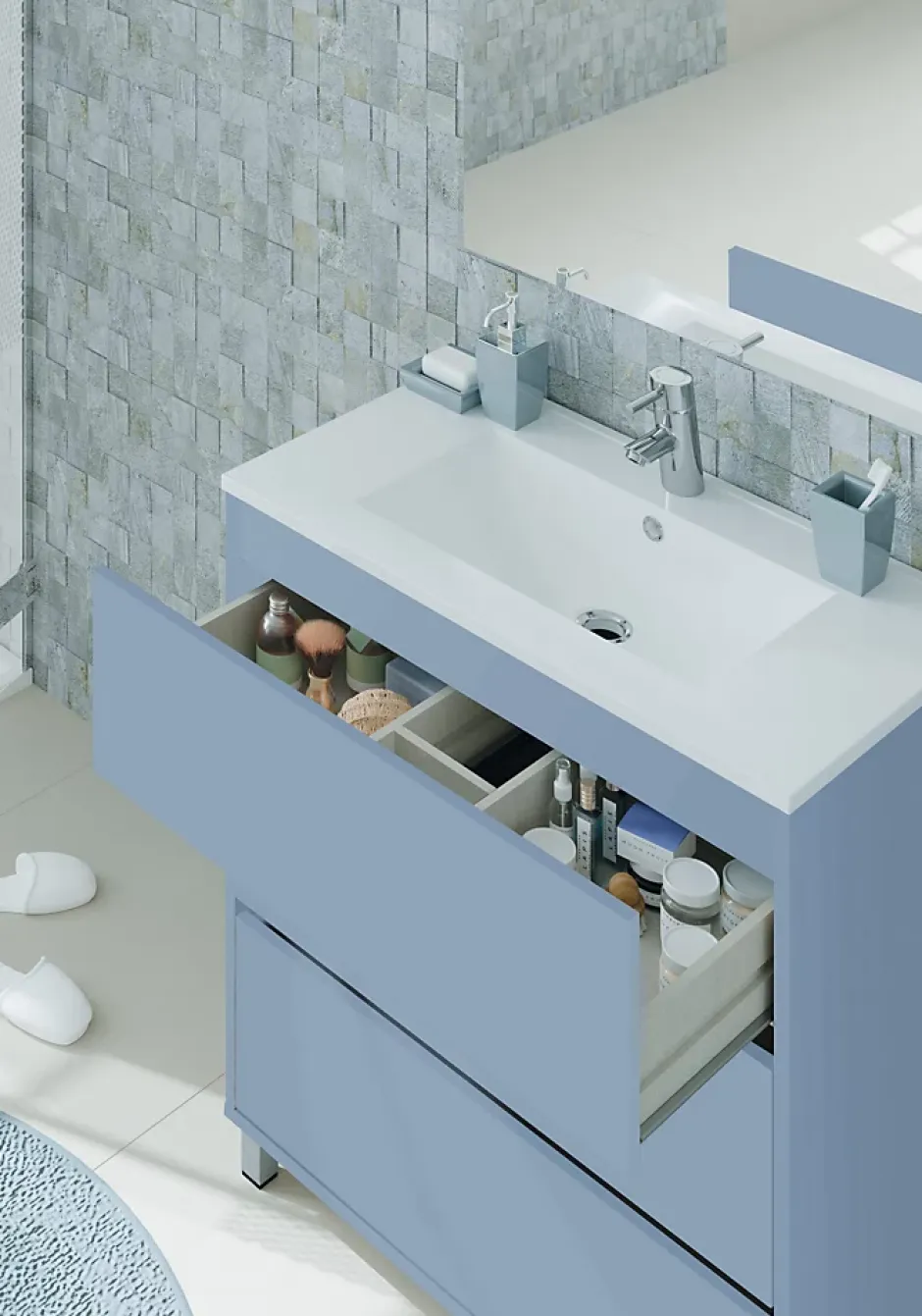 Pegane Meuble de salle de bain avec 3 portes coloris bleu azul - Hauteur 88 x Longueur 81 x Profondeur 47 cm