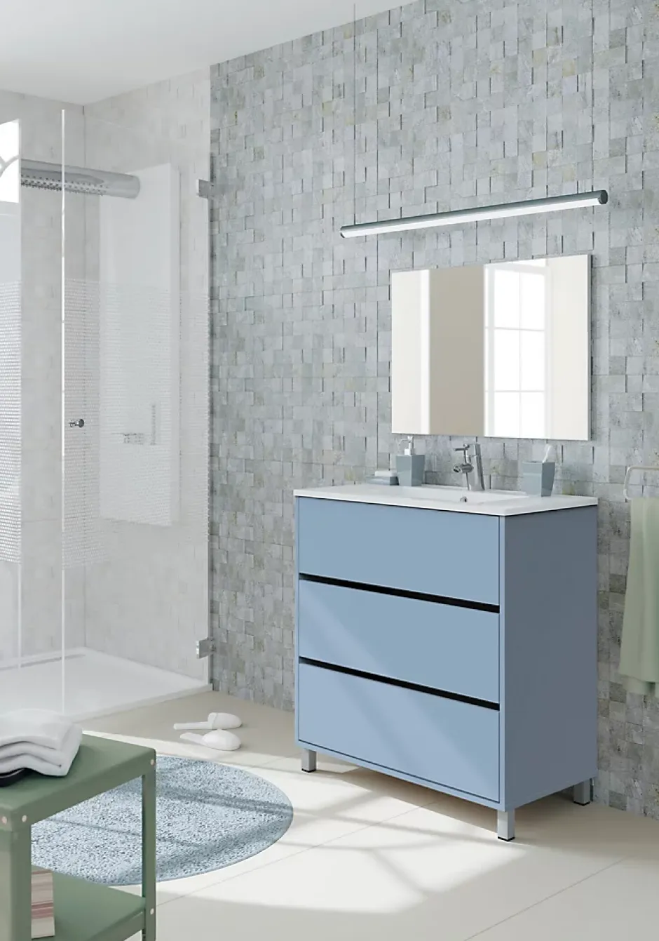 Pegane Meuble de salle de bain avec 3 portes coloris bleu azul - Hauteur 88 x Longueur 81 x Profondeur 47 cm