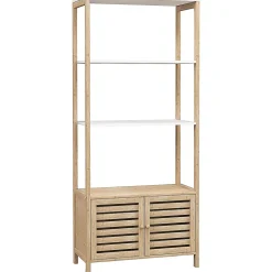 Homcom Meuble de Salle de Bain avec 3 étagères en Bambou 1 Placard avec Portes à Lattes 63 x 30 x 138 cm Bois Naturel et Blanc* Etagère Salle De Bains