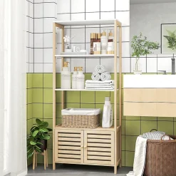 Homcom Meuble de Salle de Bain avec 3 étagères en Bambou 1 Placard avec Portes à Lattes 63 x 30 x 138 cm Bois Naturel et Blanc* Etagère Salle De Bains