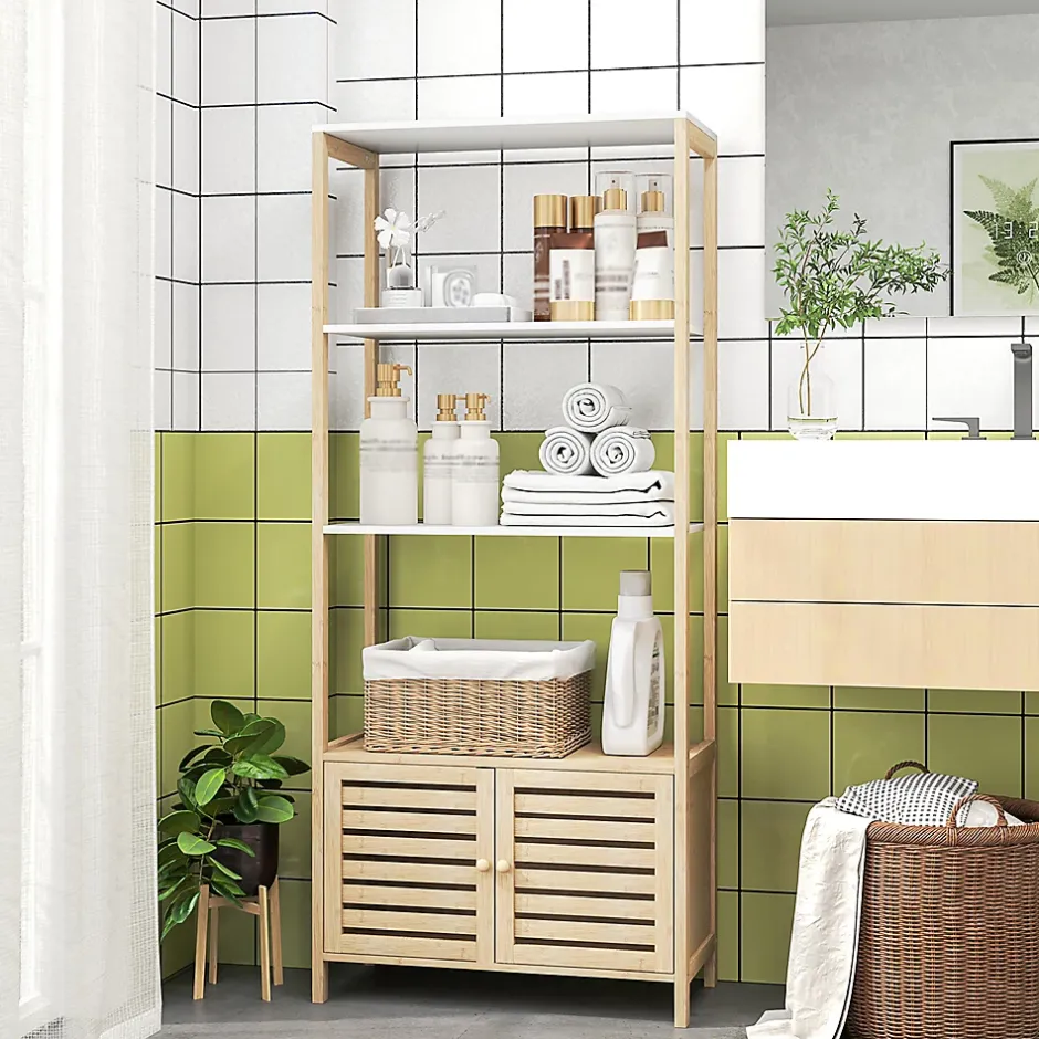 Homcom Meuble de Salle de Bain avec 3 étagères en Bambou 1 Placard avec Portes à Lattes 63 x 30 x 138 cm Bois Naturel et Blanc* Etagère Salle De Bains