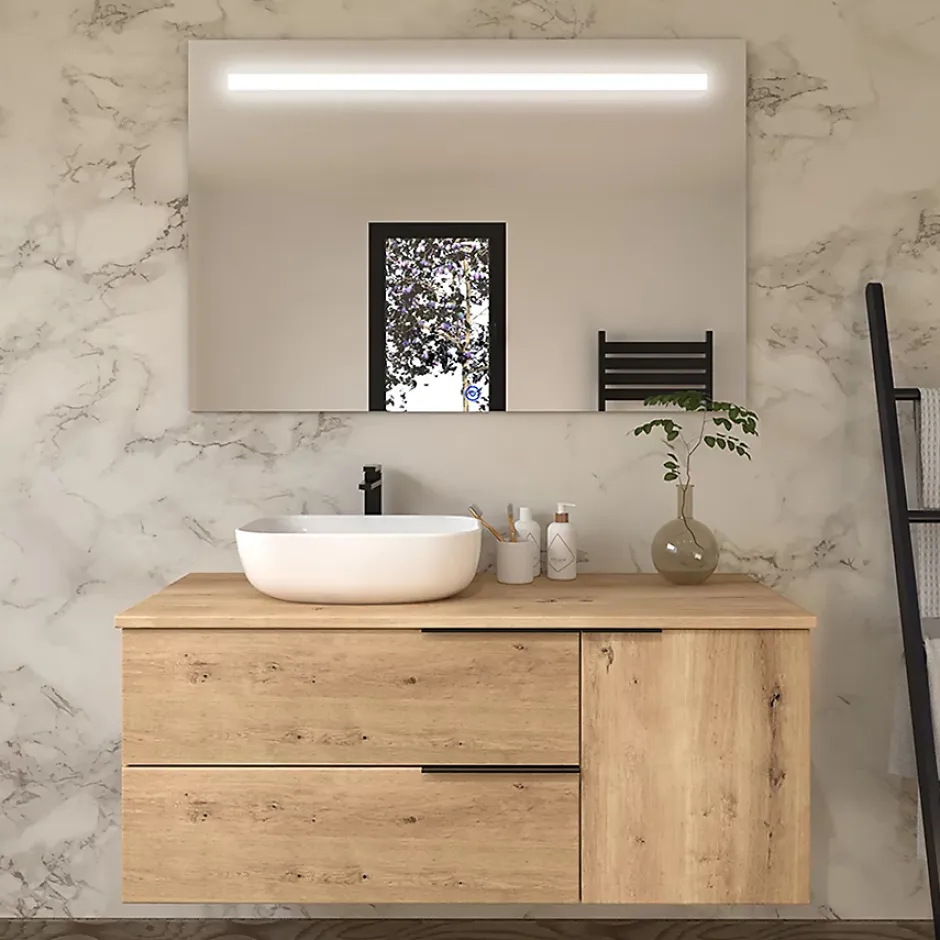Cosyneo Meuble de salle de bain avec vasque à poser arrondie KING et miroir Led STAM - Roble (chêne clair) - 120cm