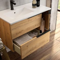 Cosyneo Meuble de salle de bain avec vasque à poser arrondie KING et miroir Led STAM - Roble (chêne clair) - 120cm