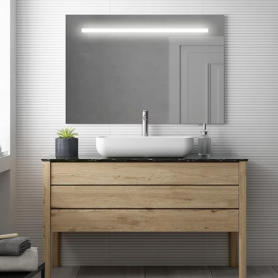 Cosyneo Meuble de salle de bain avec vasque à poser arrondie KING et miroir Led STAM - Roble (chêne clair) - 120cm