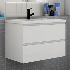AICA Sanitaire Meuble de salle de bain avec lavabo, 80 cm, 2 tiroirs avec fermeture amortie, meuble suspendu blanc