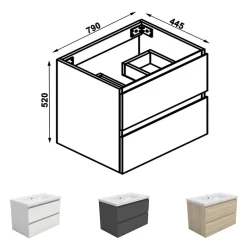 AICA Sanitaire Meuble de salle de bain avec lavabo, 80 cm, 2 tiroirs avec fermeture amortie, meuble suspendu blanc
