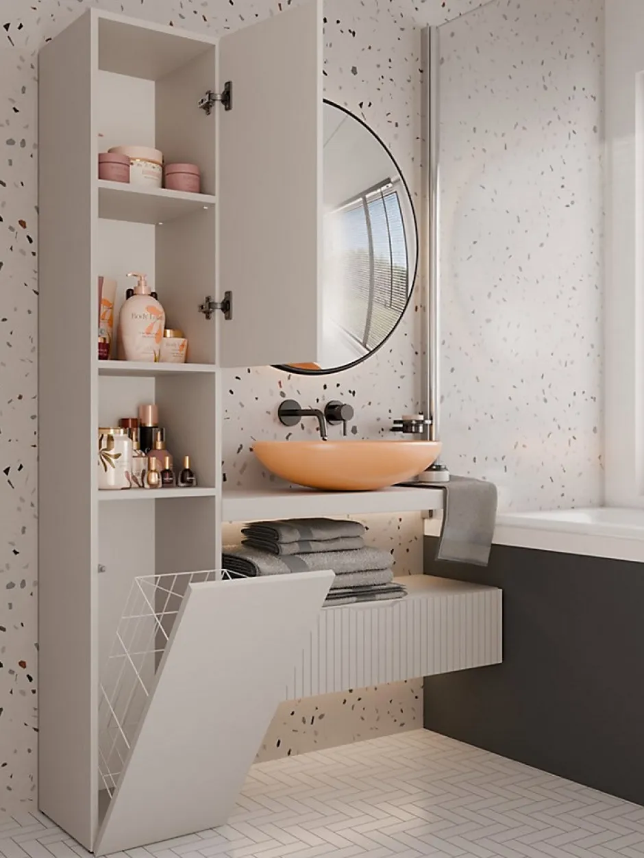 3xE Living Meuble de salle de bain avec panier à linge, cachemire, 174 x 31 x 30cm* Armoire De Salle De Bains