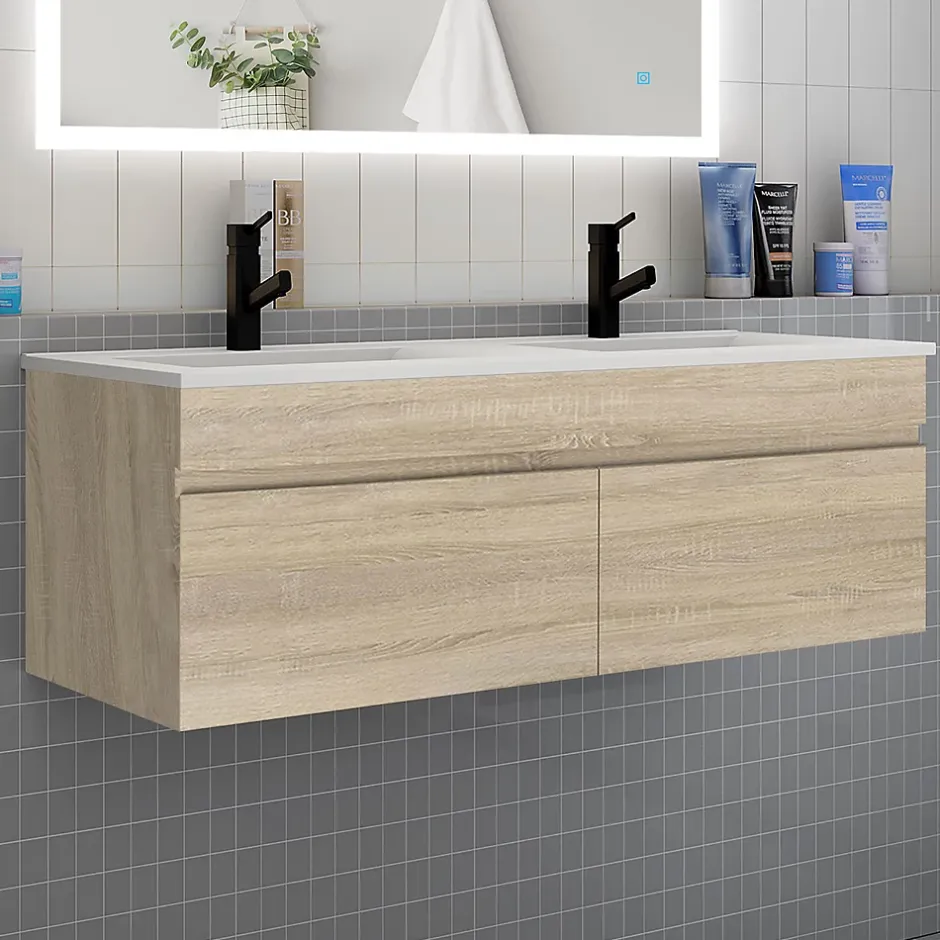 AICA Sanitaire Meuble de salle de bain avec double vasque chêne, meuble suspendu 120 cm avec double porte chêne* Meuble Vasque