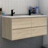 AICA Sanitaire Meuble de salle de bain avec double vasque chêne, 120 cm meuble chêne avec lavabo meuble à 4 tiroirs
