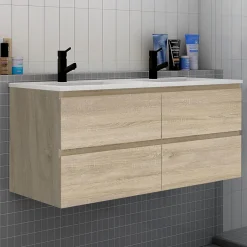 AICA Sanitaire Meuble de salle de bain avec double vasque chêne, 120 cm meuble chêne avec lavabo meuble à 4 tiroirs