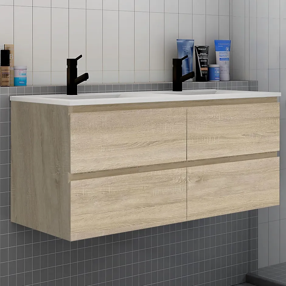 AICA Sanitaire Meuble de salle de bain avec double vasque chêne, 120 cm meuble chêne avec lavabo meuble à 4 tiroirs