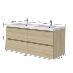AICA Sanitaire Meuble de salle de bain avec double vasque chêne, 120 cm meuble chêne avec lavabo meuble à 4 tiroirs