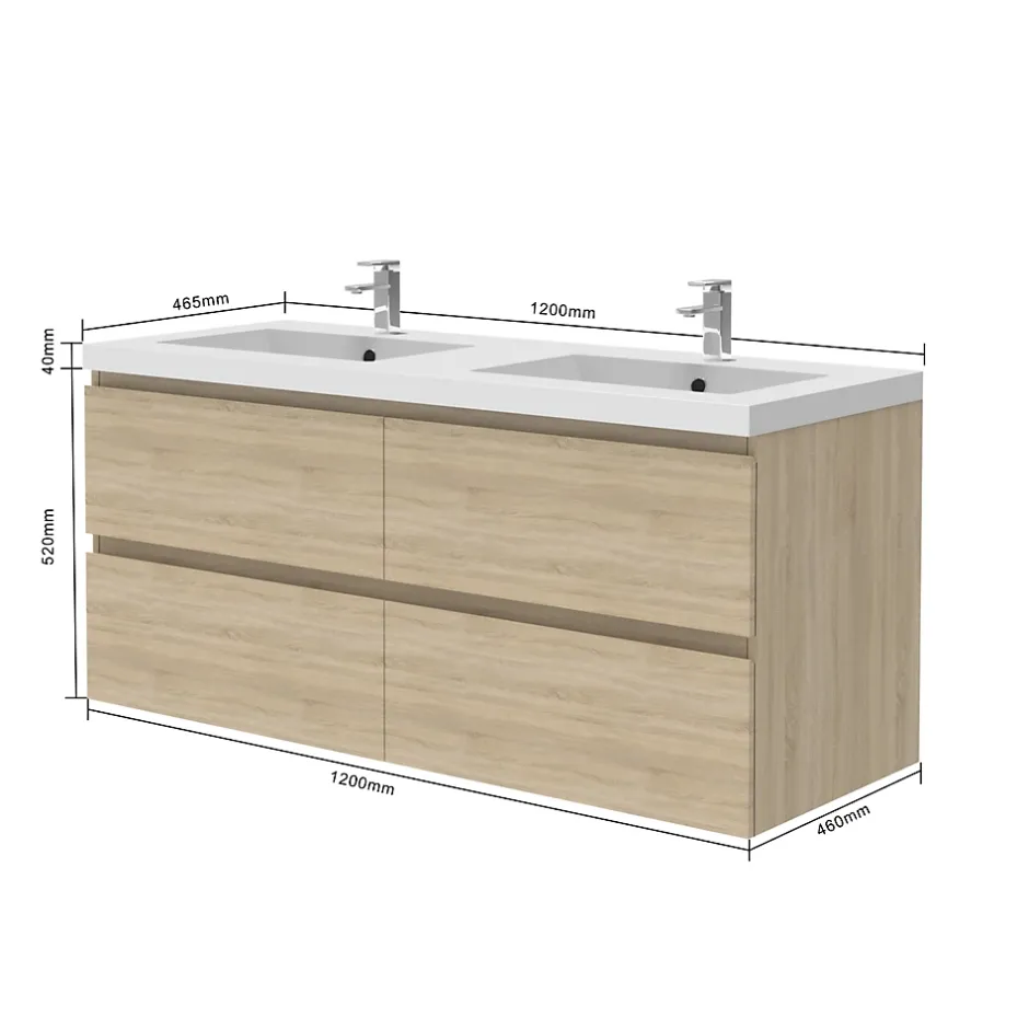 AICA Sanitaire Meuble de salle de bain avec double vasque chêne, 120 cm meuble chêne avec lavabo meuble à 4 tiroirs