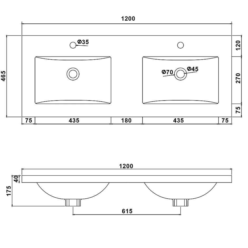 AICA Sanitaire Meuble de salle de bain avec double vasque chêne, 120 cm meuble chêne avec lavabo meuble à 4 tiroirs