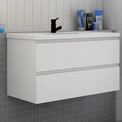 AICA Sanitaire Meuble de salle de bain avec vasque, 100 cm 2 tiroirs à fermeture amortie blanc, meuble suspendu* Meuble Vasque