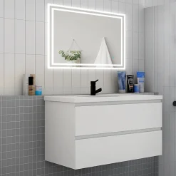 AICA Sanitaire Meuble de salle de bain avec vasque, 100 cm 2 tiroirs à fermeture amortie blanc, meuble suspendu* Meuble Vasque