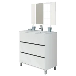 Pegane Meuble de salle de bain avec 3 portes coloris blanc - Hauteur 88 x Longueur 81 x Profondeur 47 cm
