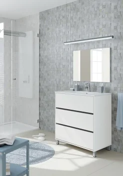 Pegane Meuble de salle de bain avec 3 portes coloris blanc - Hauteur 88 x Longueur 81 x Profondeur 47 cm