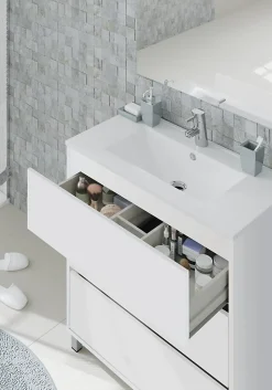 Pegane Meuble de salle de bain avec 3 portes coloris blanc - Hauteur 88 x Longueur 81 x Profondeur 47 cm