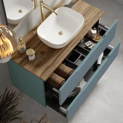 Kibath Meuble de salle de bain avec vasque, miroir et applique LED BOREAL 100x45 cm finition Bleu Océan mat 2 tiroirs suspendus* Ensemble Meuble De Salle De Bains