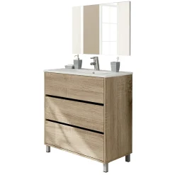 Pegane Meuble de salle de bain avec 3 portes coloris chêne cambian - Hauteur 88 x largeur 81,5 x profondeur 46,5 cm* Etagère Salle De Bains