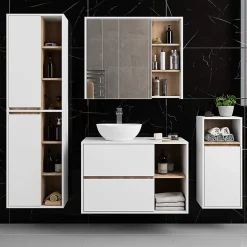 3xE Living Meuble de salle de bain, blanc/chêne Sonoma, 50 x 170 x 30 cm