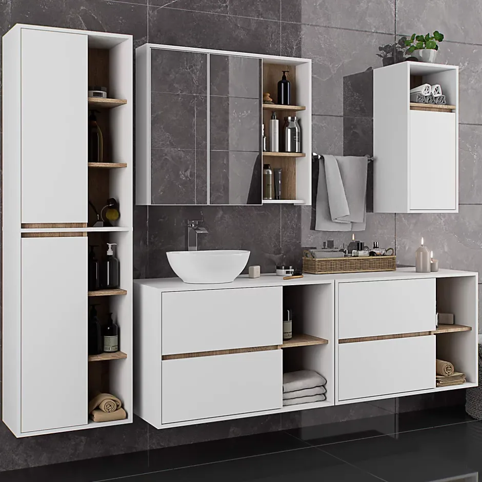 3xE Living Meuble de salle de bain, blanc/chêne Sonoma, 50 x 170 x 30 cm