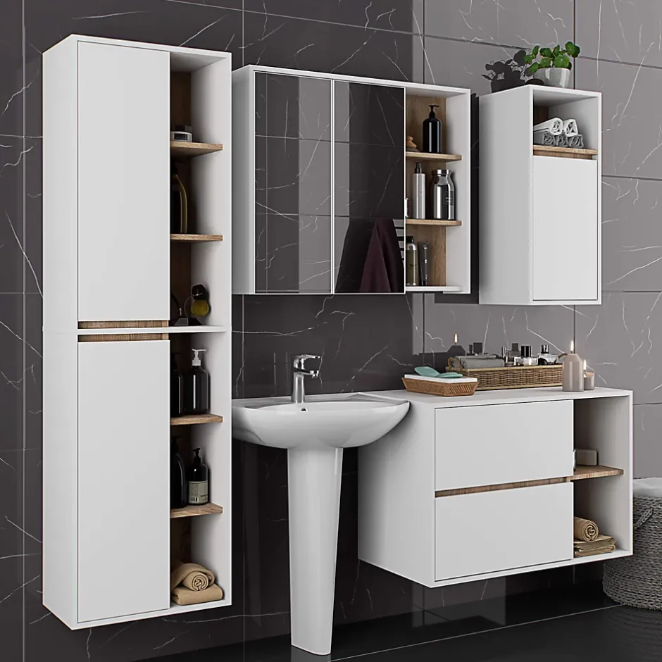 3xE Living Meuble de salle de bain, blanc/chêne Sonoma, 50 x 170 x 30 cm