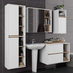 3xE Living Meuble de salle de bain, blanc/chêne Sonoma, 90 x 75 x 15 cm* Armoire De Toilette