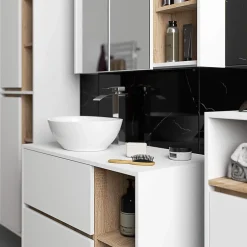 3xE Living Meuble de salle de bain, blanc/chêne Sonoma, 90 x 75 x 15 cm* Armoire De Toilette