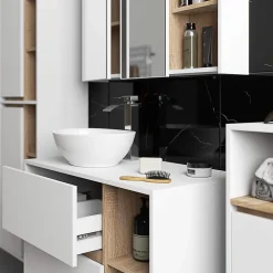 3xE Living Meuble de salle de bain, blanc/chêne Sonoma, 90 x 75 x 15 cm* Armoire De Toilette