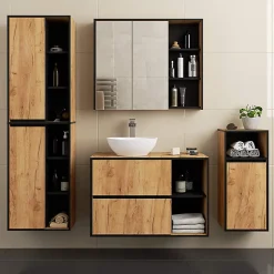 3xE Living Meuble de salle de bain, chêne artisanal/noir, 50 x 170 x 30 cm* Armoire De Salle De Bains