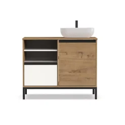 Pegane Meuble de salle de bain coloris chêne doré / pieds noir - Hauteur 81 x Longueur 100 x Profondeur 51 cm