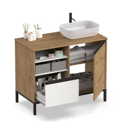 Pegane Meuble de salle de bain coloris chêne doré / pieds noir - Hauteur 81 x Longueur 100 x Profondeur 51 cm