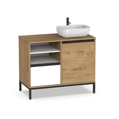 Pegane Meuble de salle de bain coloris chêne doré / pieds noir - Hauteur 81 x Longueur 100 x Profondeur 51 cm
