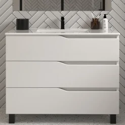 Cosyneo Meuble de salle de bain 100cm simple vasque - sans miroir - 3 tiroirs - blanc - MATA