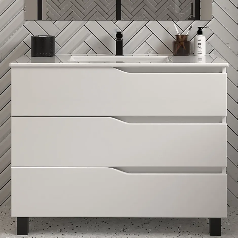 Cosyneo Meuble de salle de bain 100cm simple vasque - sans miroir - 3 tiroirs - blanc - MATA