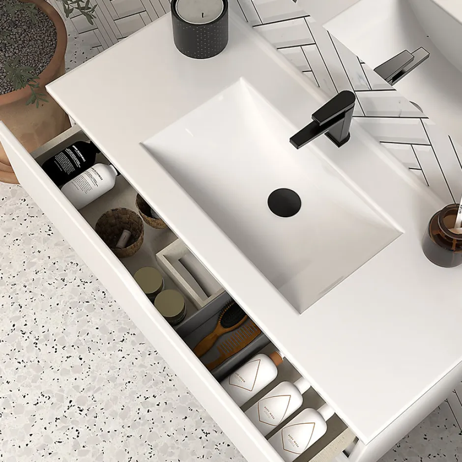 Cosyneo Meuble de salle de bain 100cm simple vasque - sans miroir - 3 tiroirs - blanc - MATA