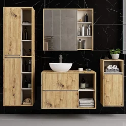 3xE Living Meuble de salle de bain, chêne artisanal/cachemire, 90 x 75 x 15 cm