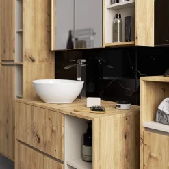 3xE Living Meuble de salle de bain, chêne artisanal/cachemire, 90 x 75 x 15 cm